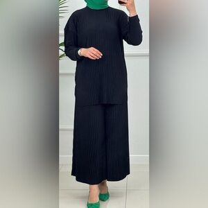 Pleated 2 Piece Pants Set Wide legs Comfortable wearing black OS